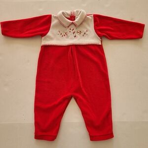 Vintage Red and White Infant Sleeper 12 Months Christmas Candy Cane Theme Velor